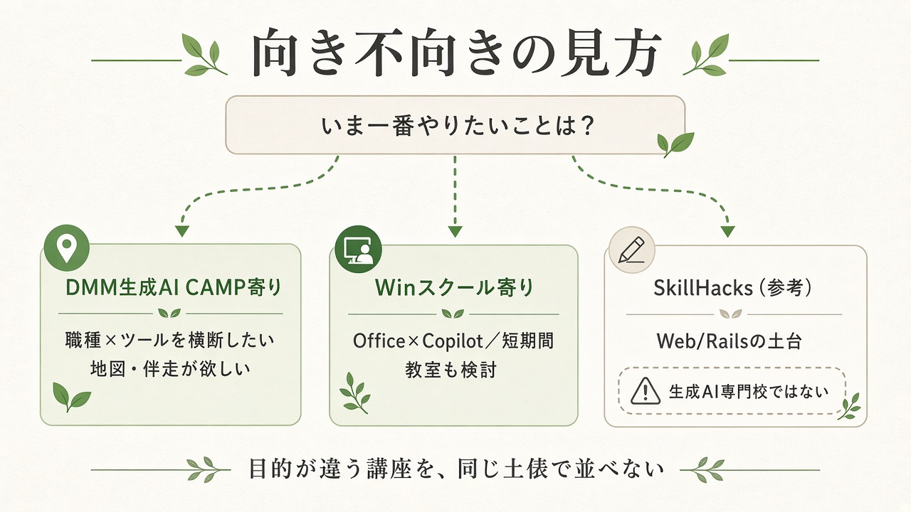 いま一番やりたいことによるスクールの向き分岐